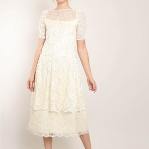Lace Tiered Midi Dress in Cream